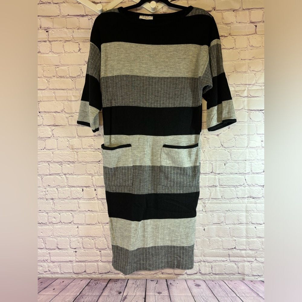 VINTAGE Charlee Allison For Eljay Black Gray Cream Wide Stripe 80s Midi Dress M